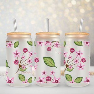 Hoya Blooms 16 oz Frosted Glass Can with Lid and Straw